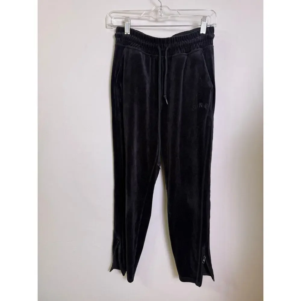 PINK Victorias Secret Pink Black Velvet Sweatpants Tapered Ankle Zipper Size S - Picture 1 of 4